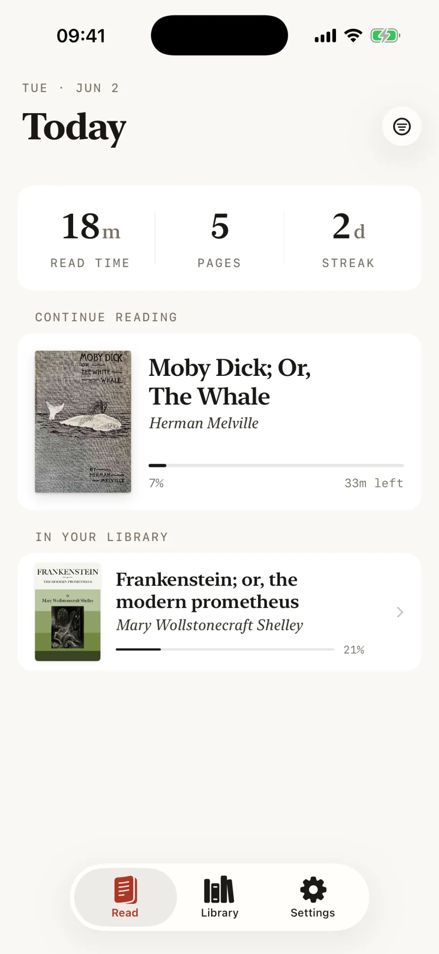 The Kios home screen showing today's reading and your library